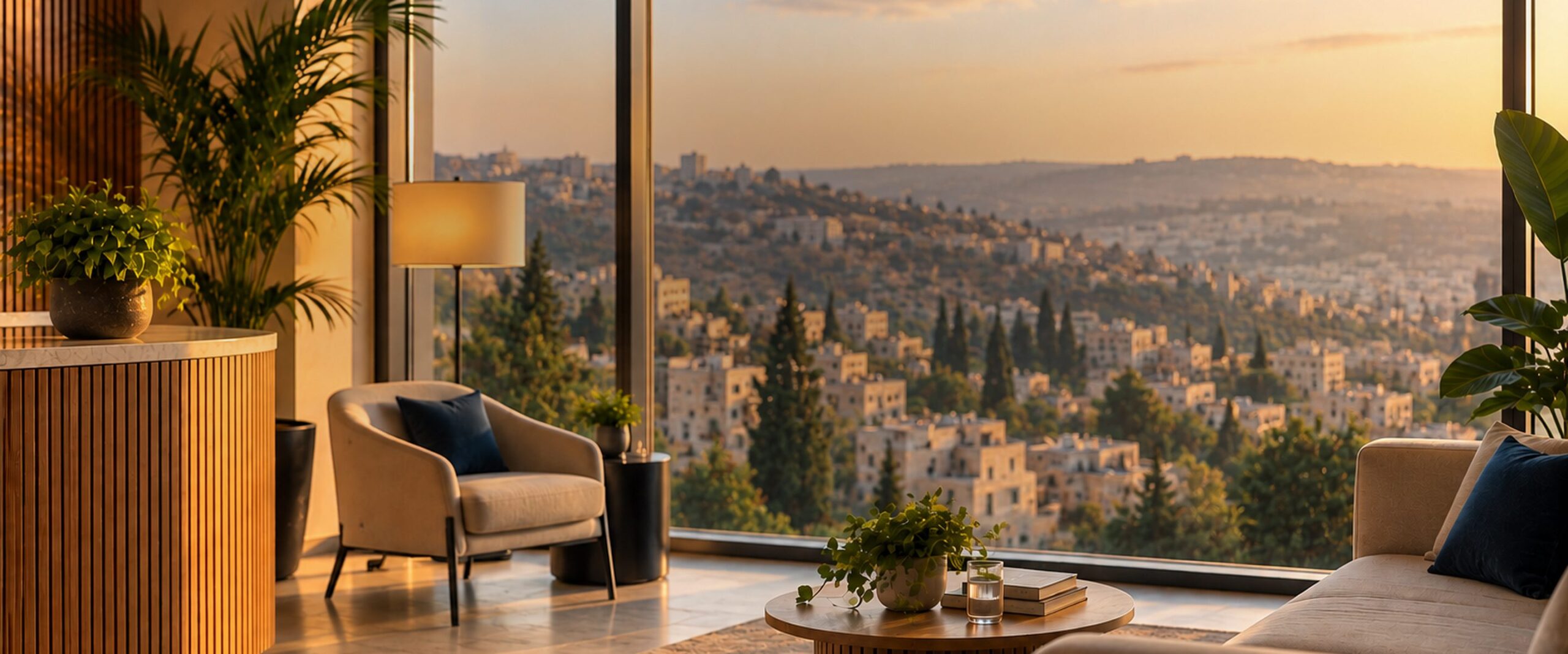 אזור קבלה שקט ומזמין במרפאה, עם נוף לגבעות ולבתי האבן של ירושלים